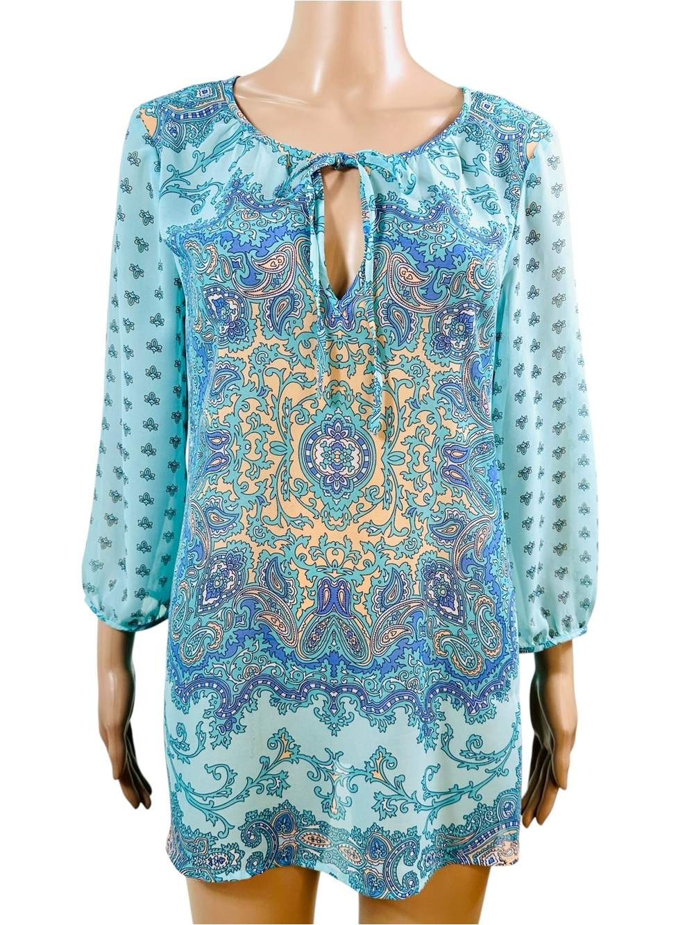 Ann Taylor Sheer Blouse Turquoise blue Paisley Keyhole Boho Tunic Top Sz M
